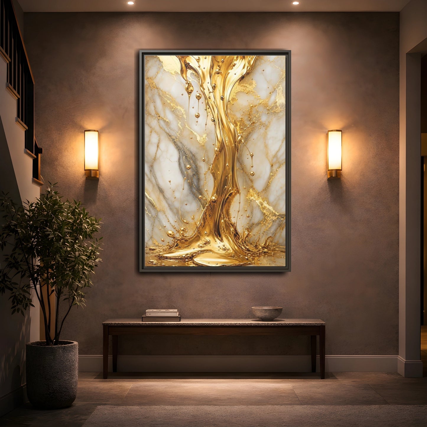 Mockup 2. Abstract Liquid Gold Gold And White shown as stretched canvas wall art