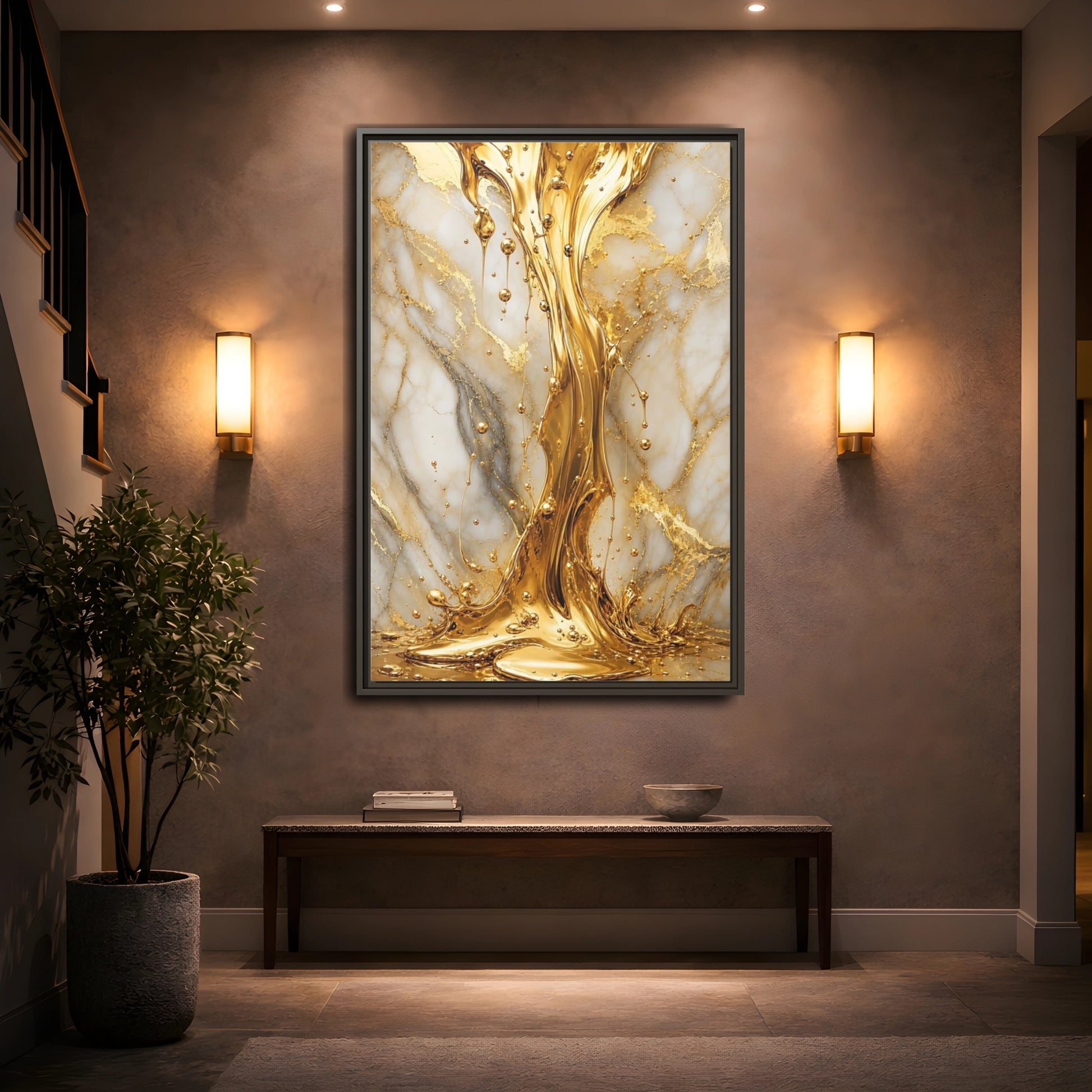 Mockup 2. Abstract Liquid Gold Gold And White shown as stretched canvas wall art