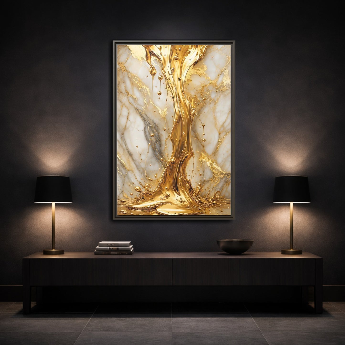 Mockup 3. Abstract Liquid Gold Gold And White shown as stretched canvas wall art