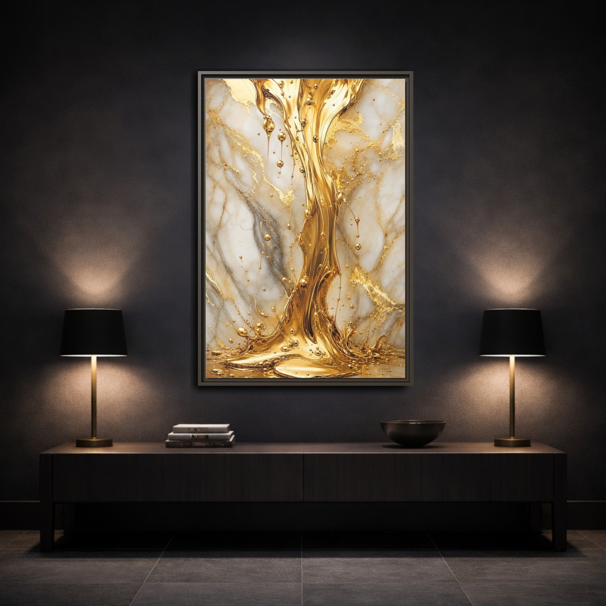 Mockup 3. Abstract Liquid Gold Gold And White shown as stretched canvas wall art