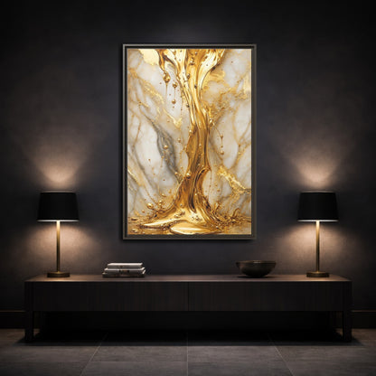 Mockup 3. Abstract Liquid Gold Gold And White shown as stretched canvas wall art