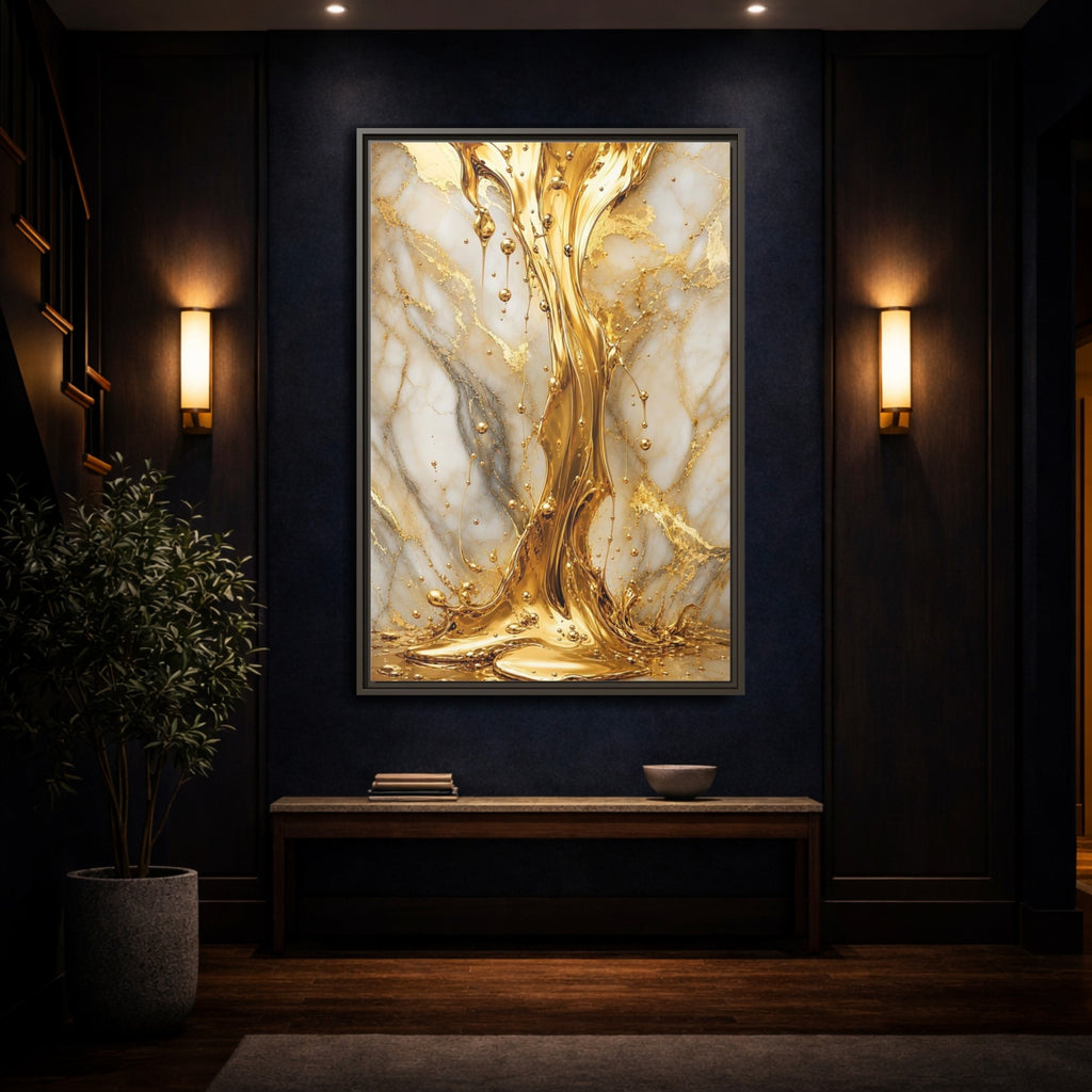 Mockup 4. Abstract Liquid Gold Gold And White shown as stretched canvas wall art