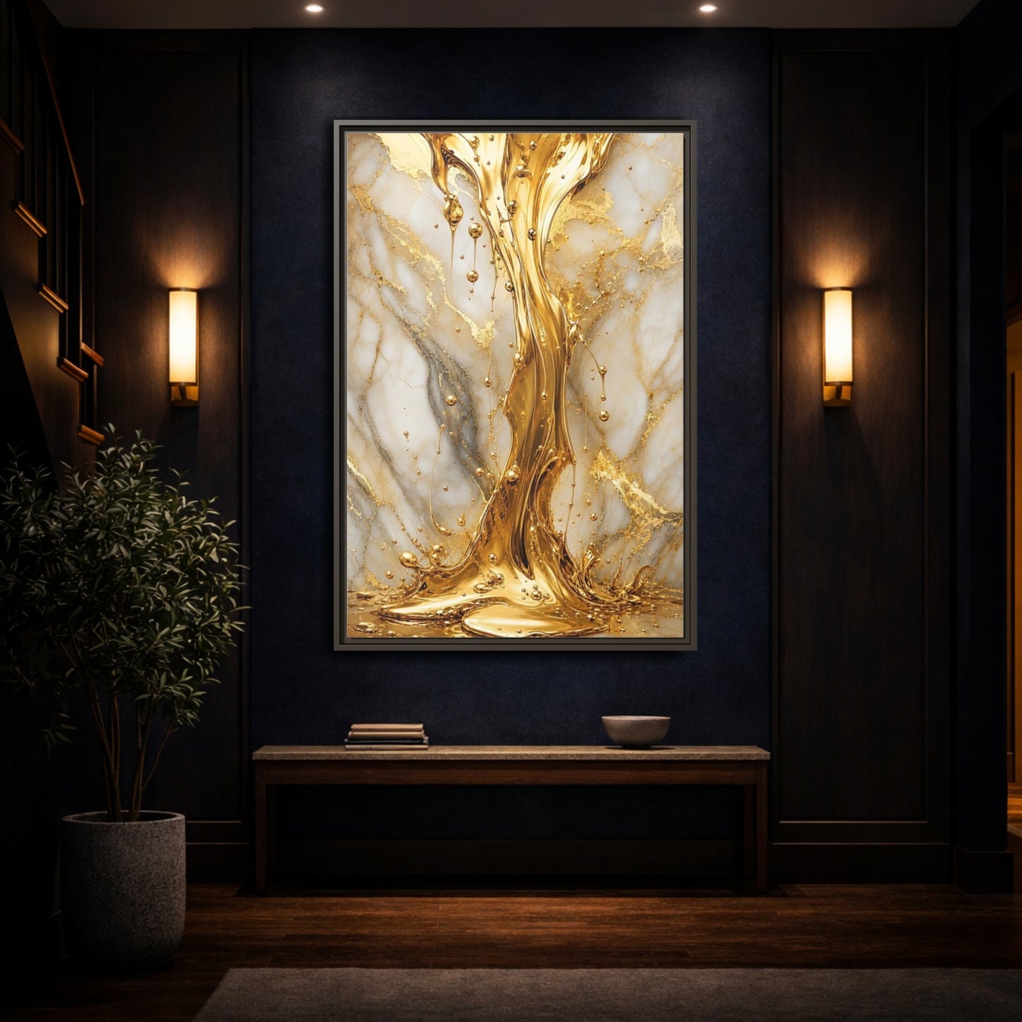 Mockup 4. Abstract Liquid Gold Gold And White shown as stretched canvas wall art