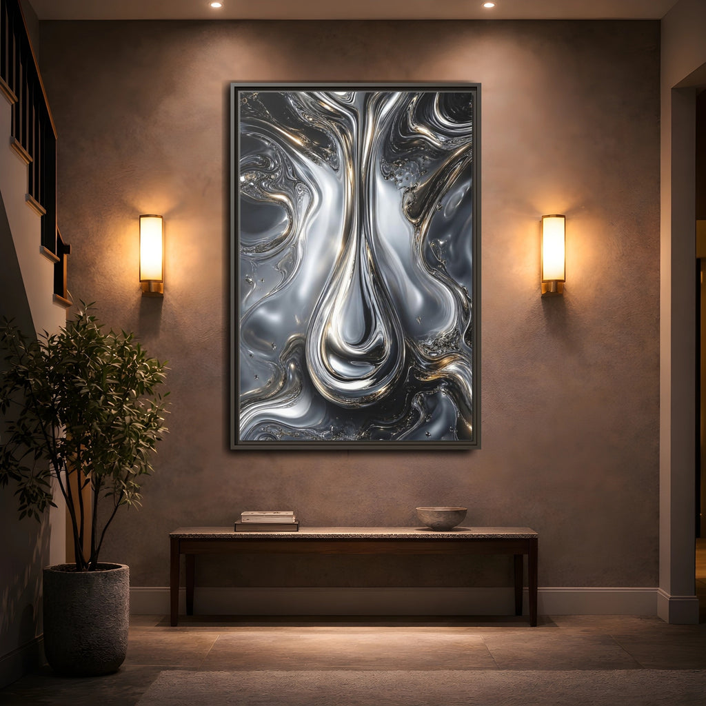 Mockup 2. Abstract Liquid Metal Silver Gold Abstract shown as stretched canvas wall art