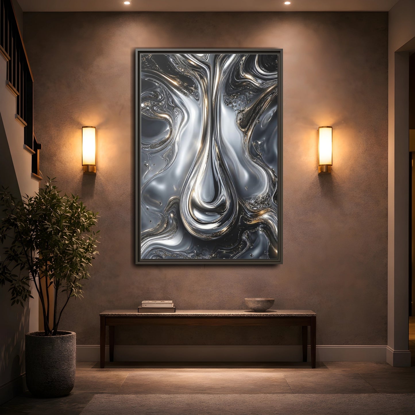 Mockup 2. Abstract Liquid Metal Silver Gold Abstract shown as stretched canvas wall art