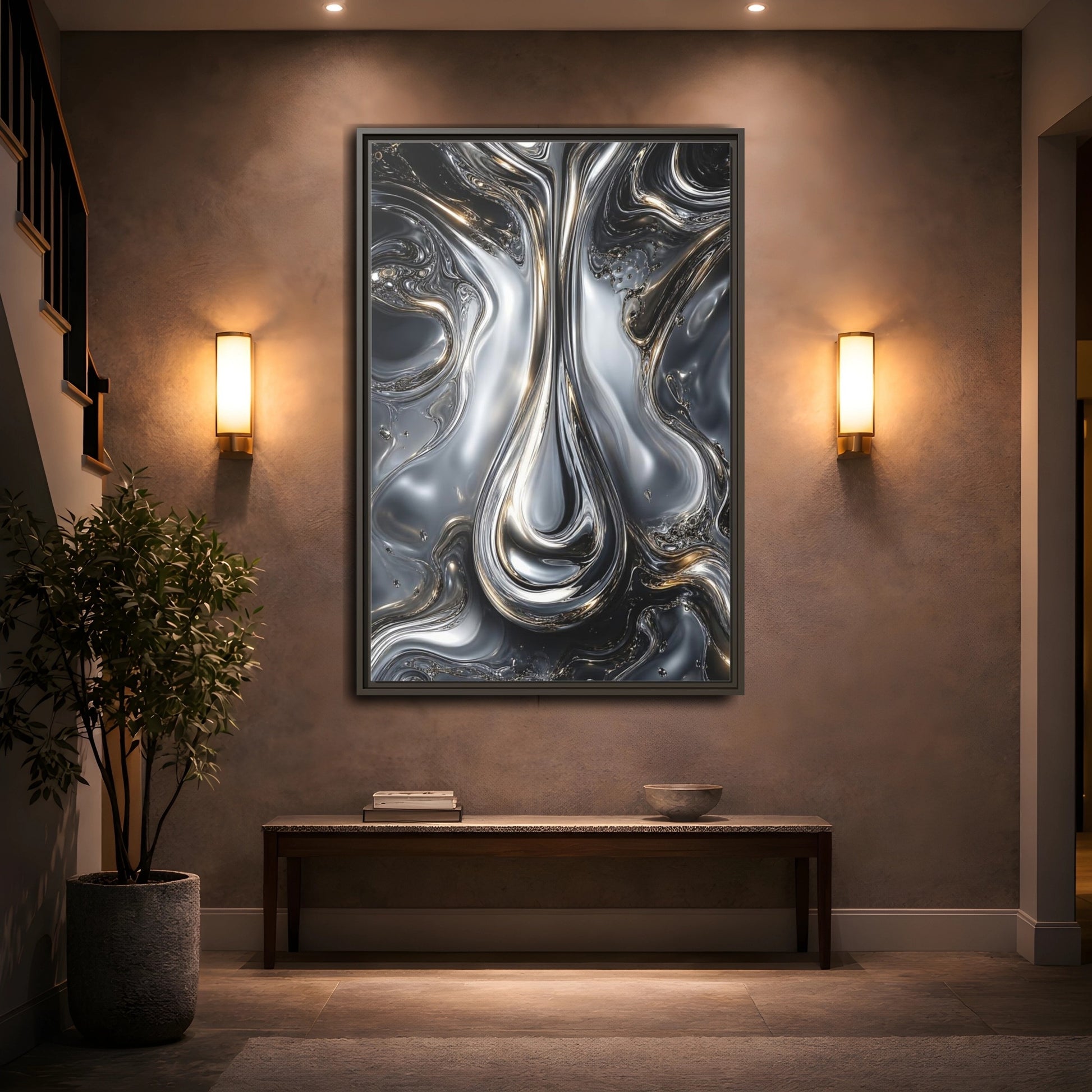 Mockup 2. Abstract Liquid Metal Silver Gold Abstract shown as stretched canvas wall art