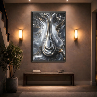 Mockup 2. Abstract Liquid Metal Silver Gold Abstract shown as stretched canvas wall art