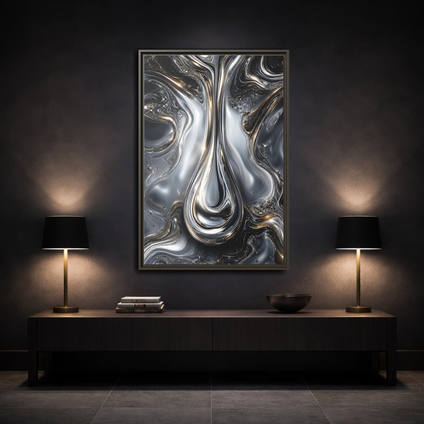 Mockup 3. Abstract Liquid Metal Silver Gold Abstract shown as stretched canvas wall art