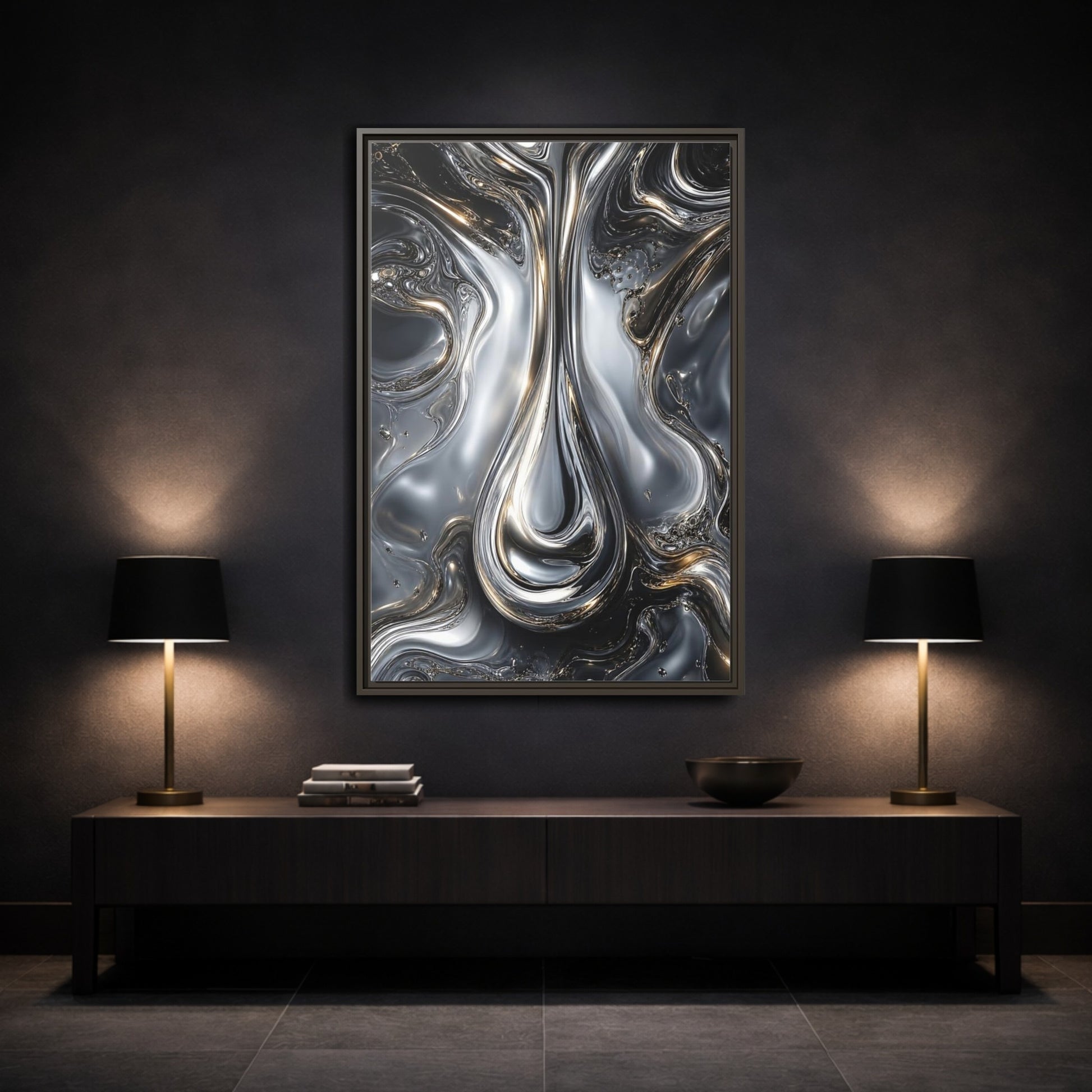 Mockup 3. Abstract Liquid Metal Silver Gold Abstract shown as stretched canvas wall art