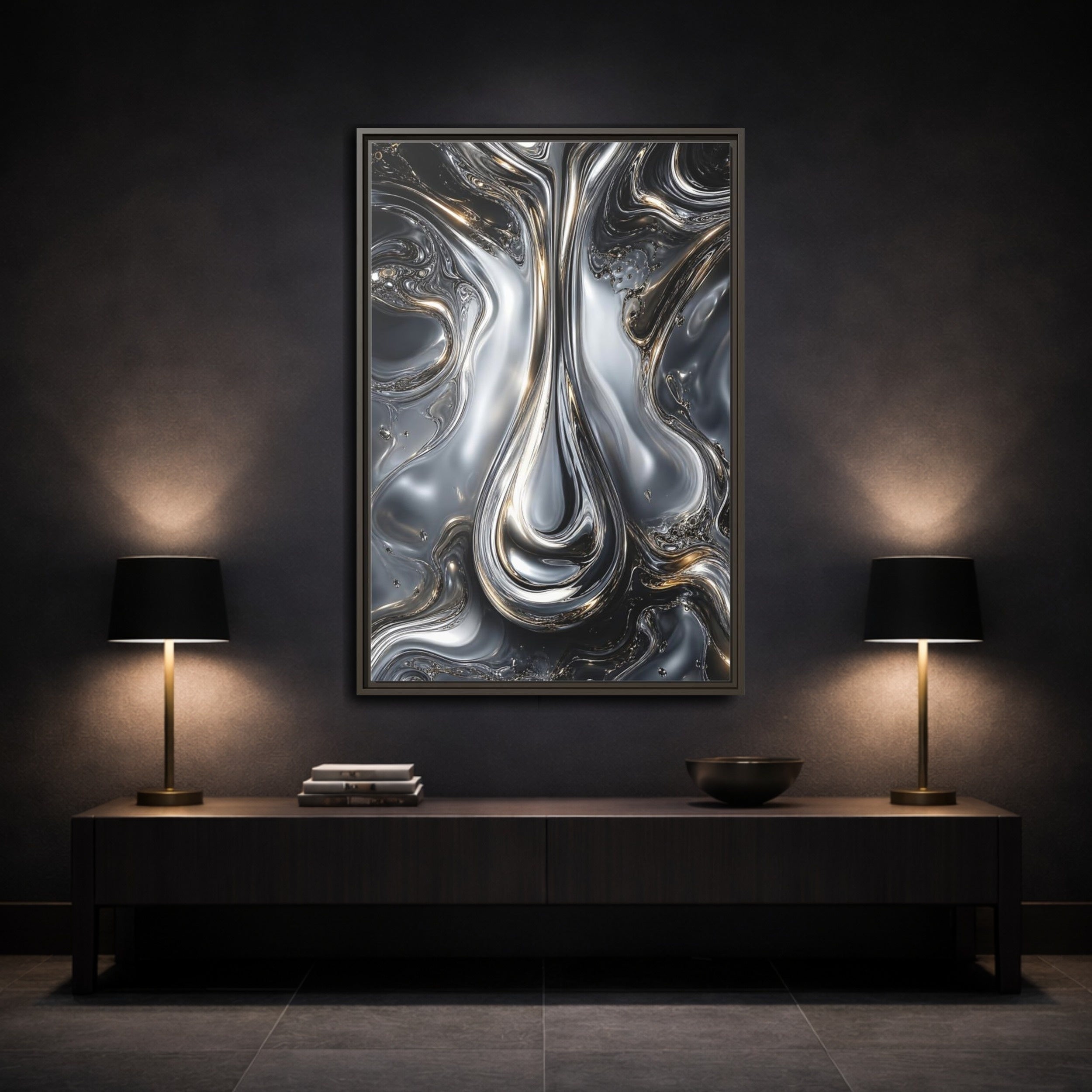Mockup 3. Abstract Liquid Metal Silver Gold Abstract shown as stretched canvas wall art