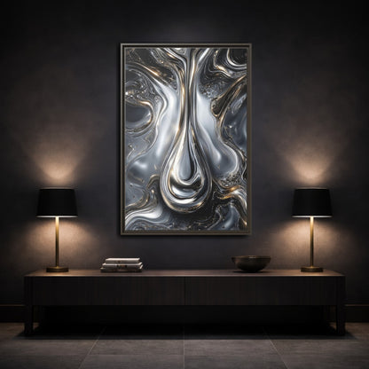Mockup 3. Abstract Liquid Metal Silver Gold Abstract shown as stretched canvas wall art