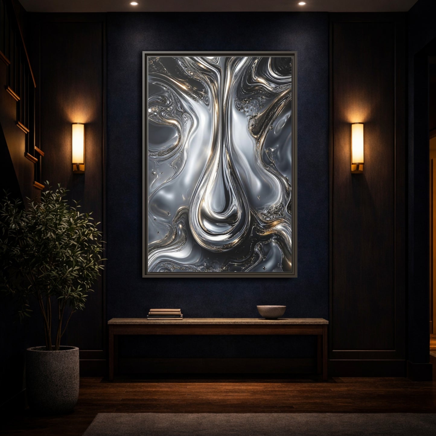 Mockup 4. Abstract Liquid Metal Silver Gold Abstract shown as stretched canvas wall art