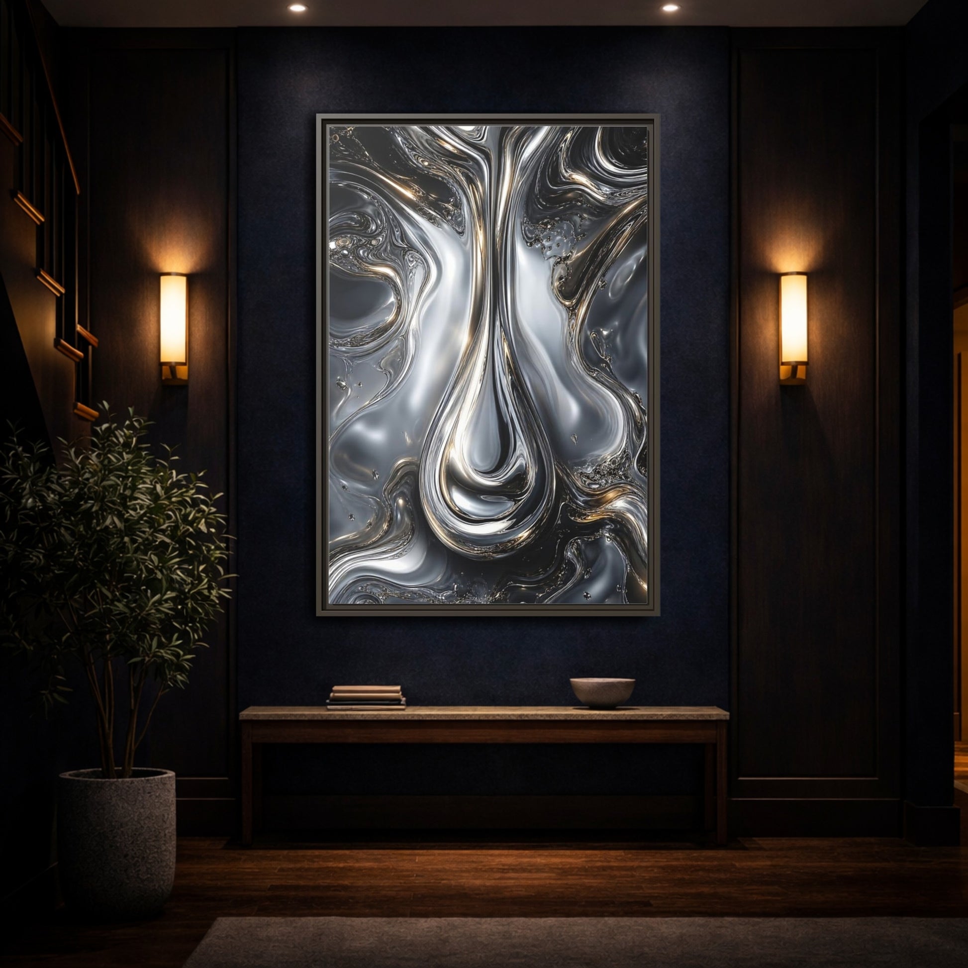 Mockup 4. Abstract Liquid Metal Silver Gold Abstract shown as stretched canvas wall art