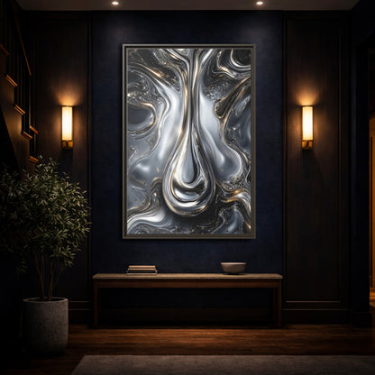 Mockup 4. Abstract Liquid Metal Silver Gold Abstract shown as stretched canvas wall art