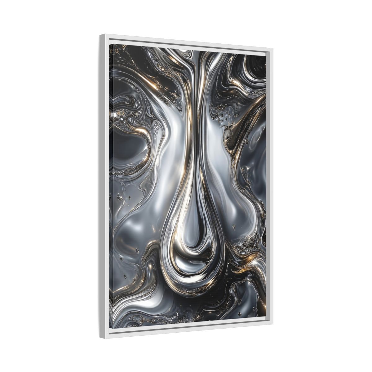 Side Mockup 10. Abstract Liquid Metal Silver Gold Abstract shown as stretched canvas wall art