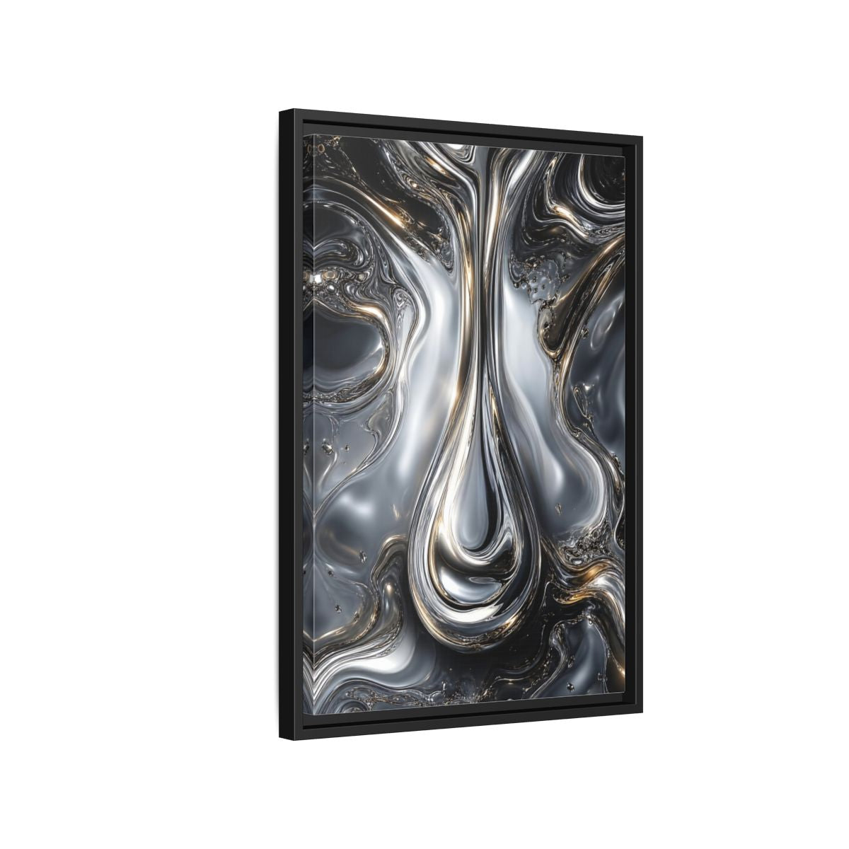 Side Mockup 3. Abstract Liquid Metal Silver Gold Abstract shown as stretched canvas wall art