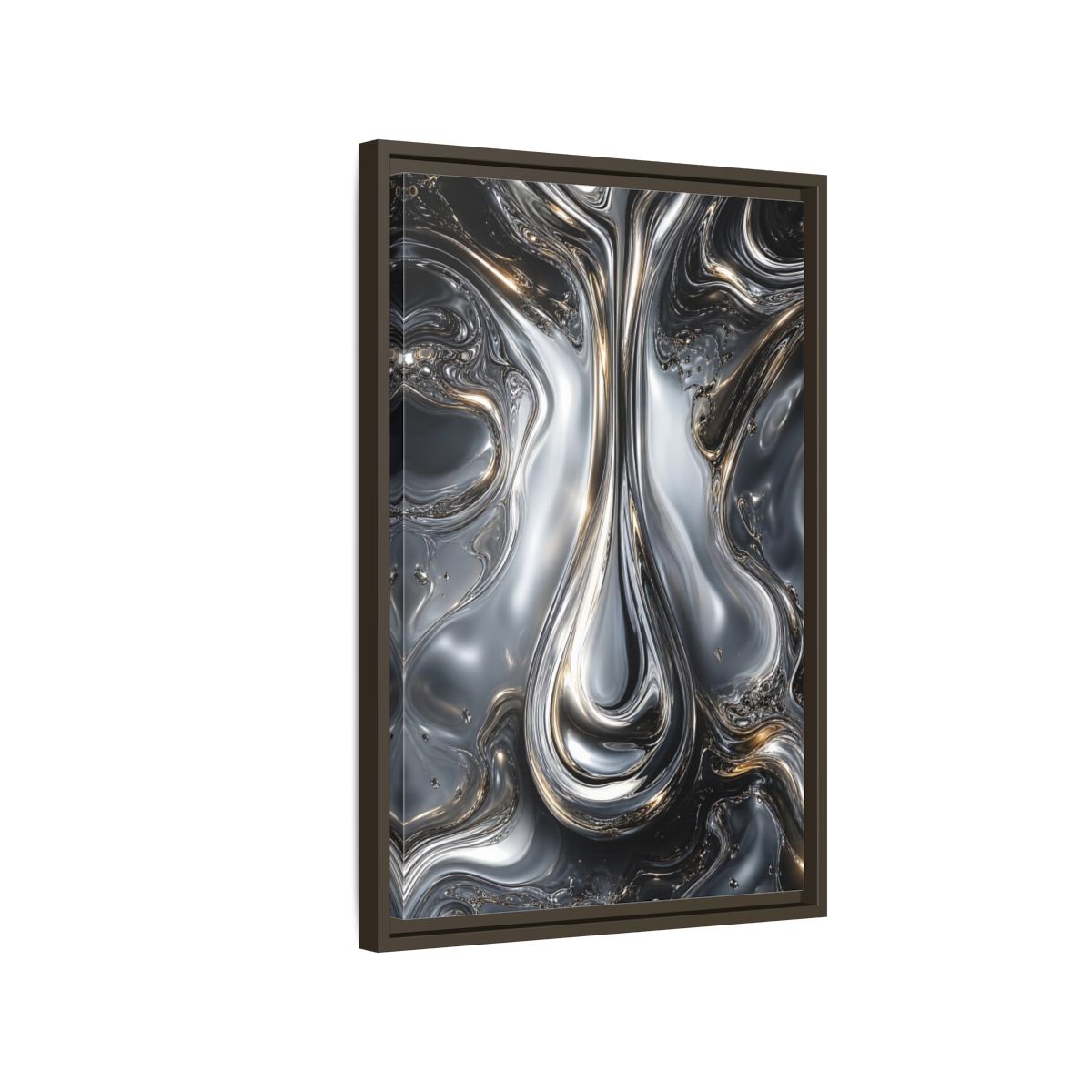 Side Mockup 2. Abstract Liquid Metal Silver Gold Abstract shown as stretched canvas wall art