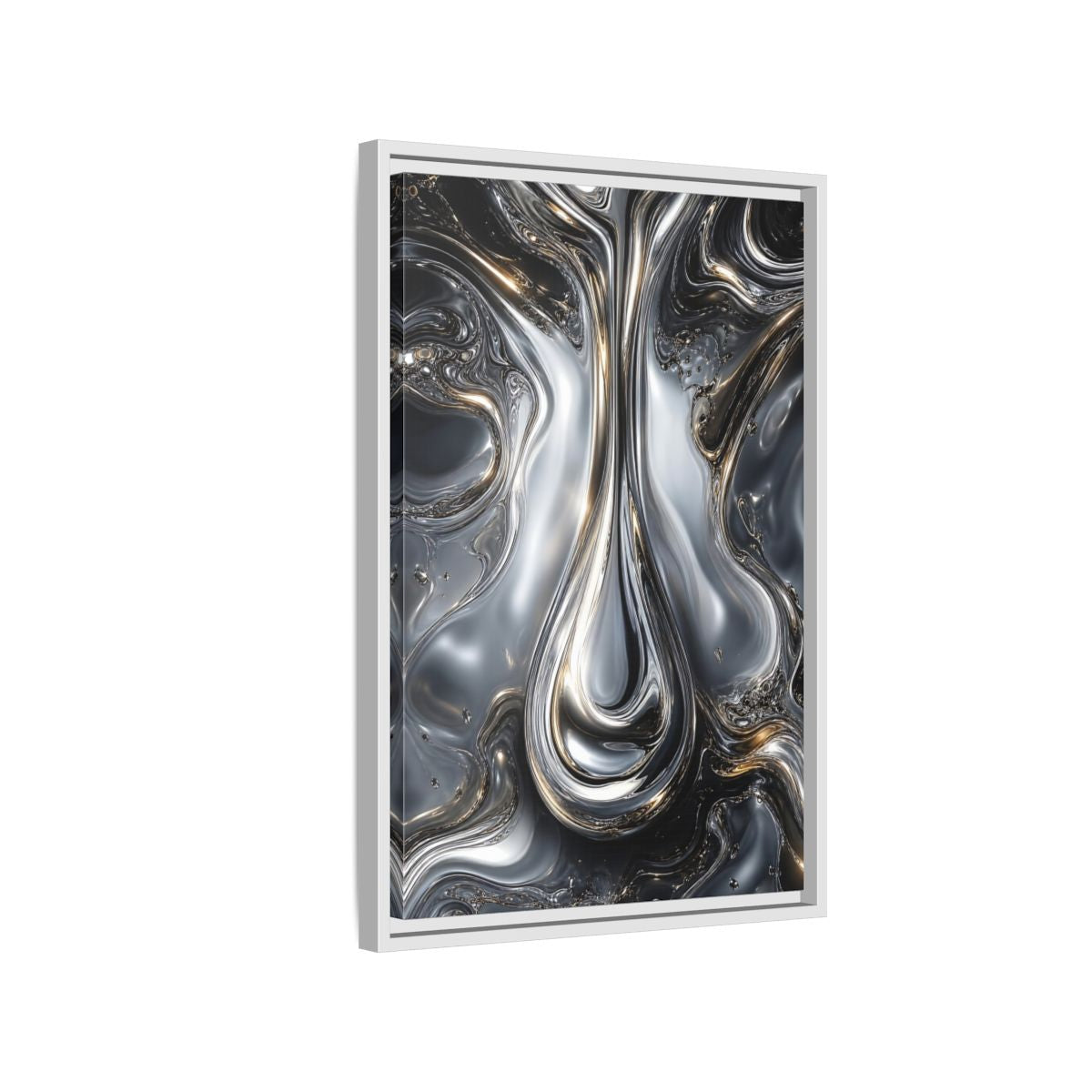 Side Mockup 1. Abstract Liquid Metal Silver Gold Abstract shown as stretched canvas wall art