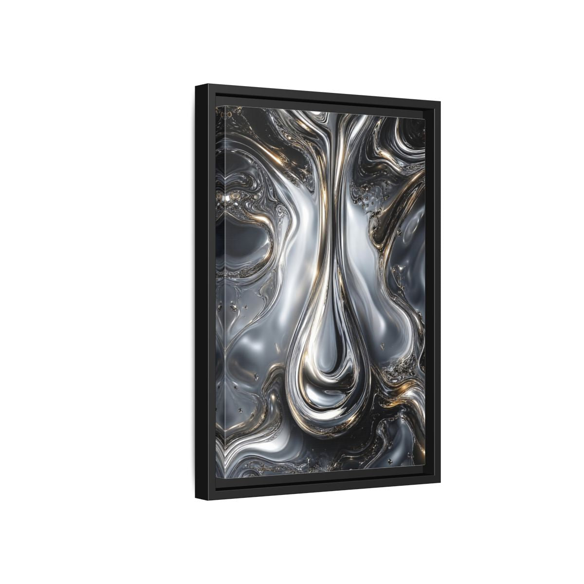 Side Mockup 6. Abstract Liquid Metal Silver Gold Abstract shown as stretched canvas wall art