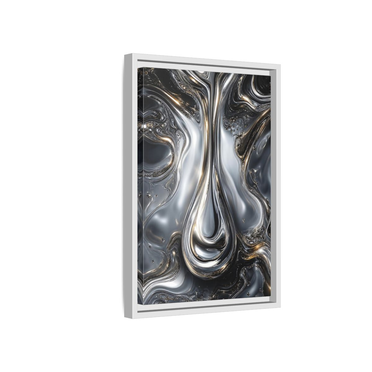 Side Mockup 4. Abstract Liquid Metal Silver Gold Abstract shown as stretched canvas wall art