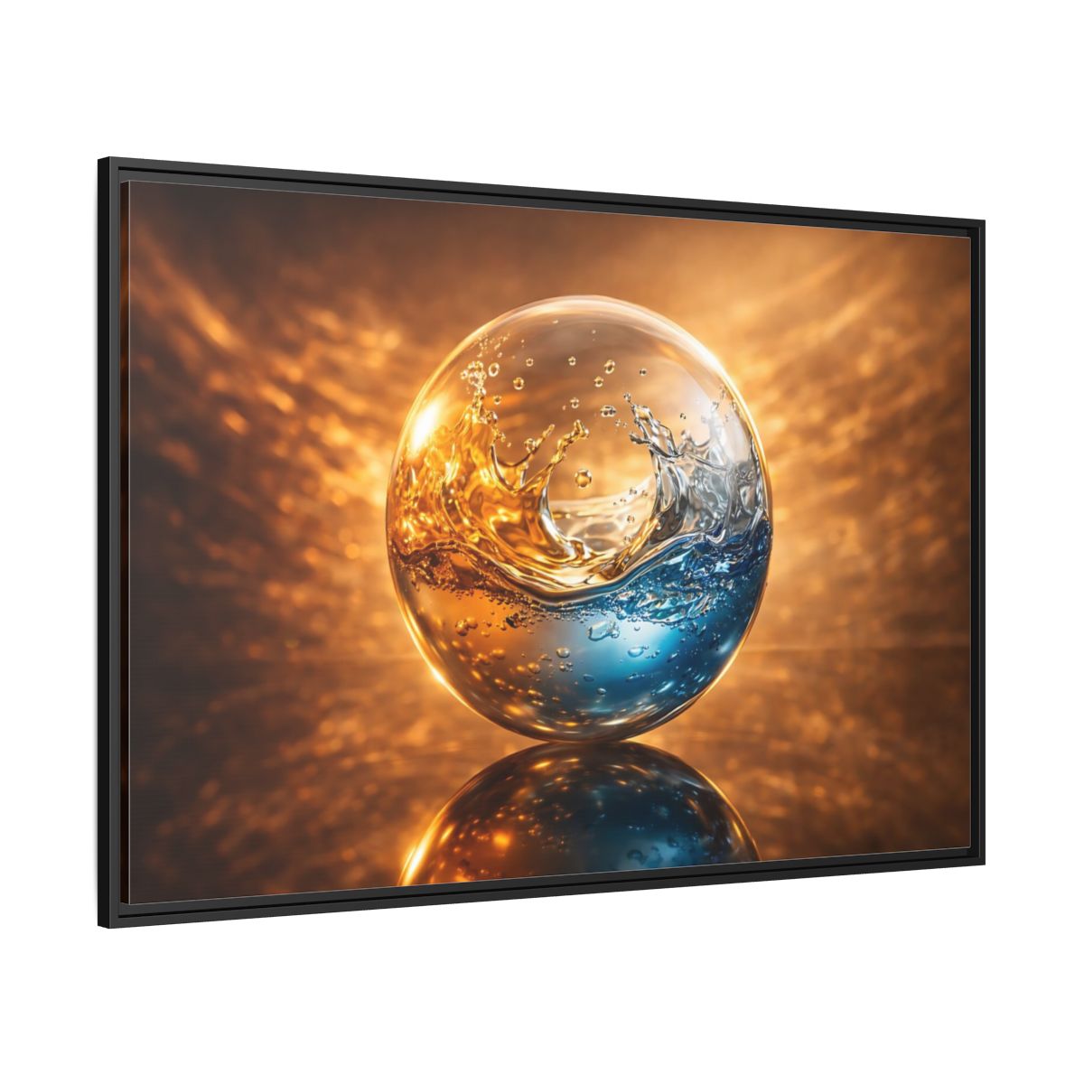Side Mockup 12. Abstract Liquid Sphere Blue And Gold Water shown as stretched canvas wall art