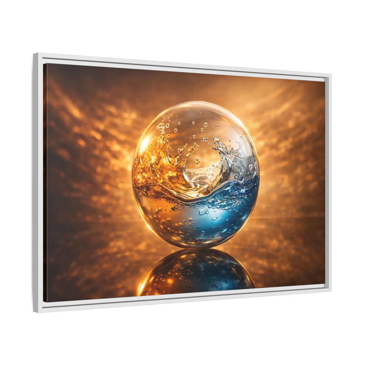 Side Mockup 9. Abstract Liquid Sphere Blue And Gold Water shown as stretched canvas wall art