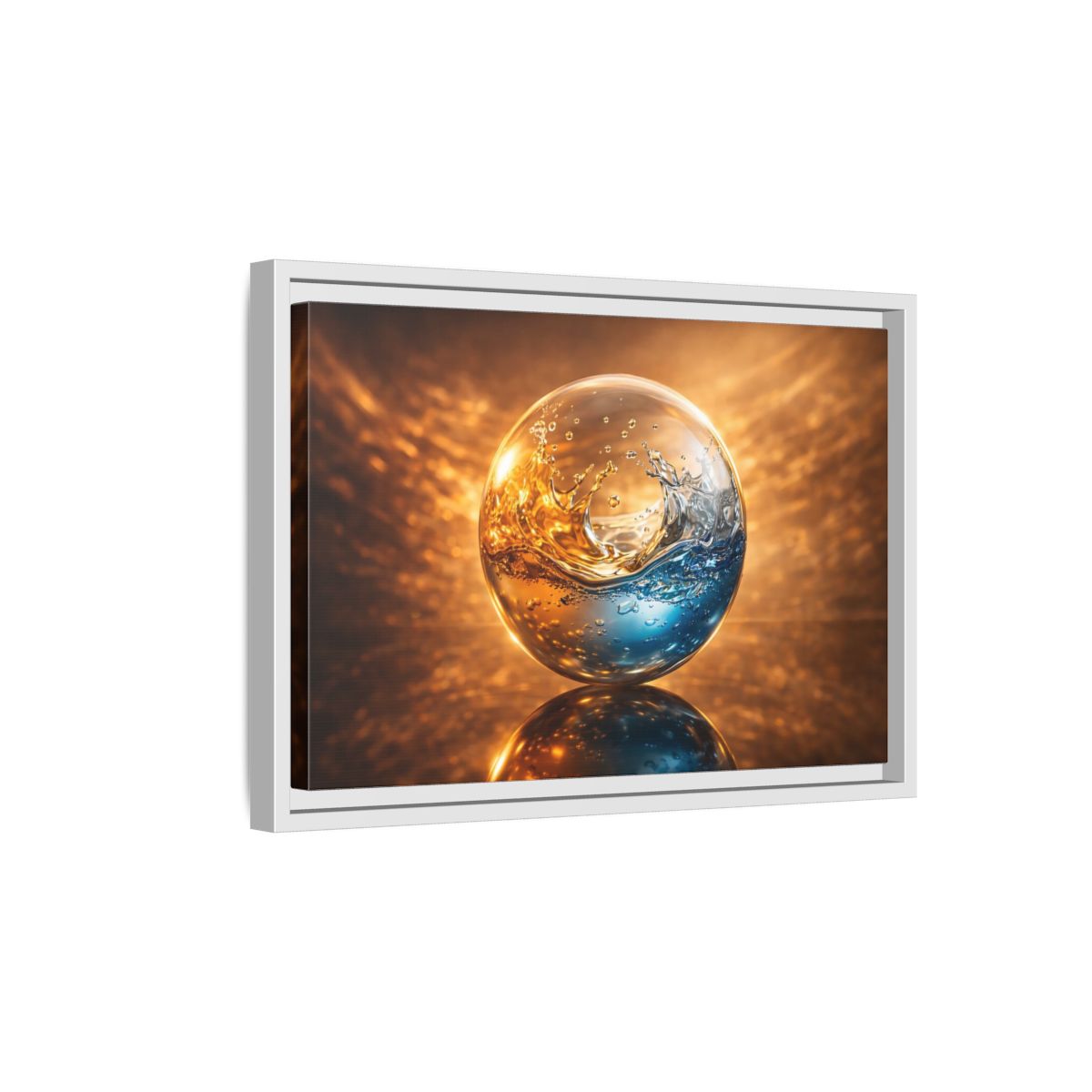 Side Mockup 4. Abstract Liquid Sphere Blue And Gold Water shown as stretched canvas wall art