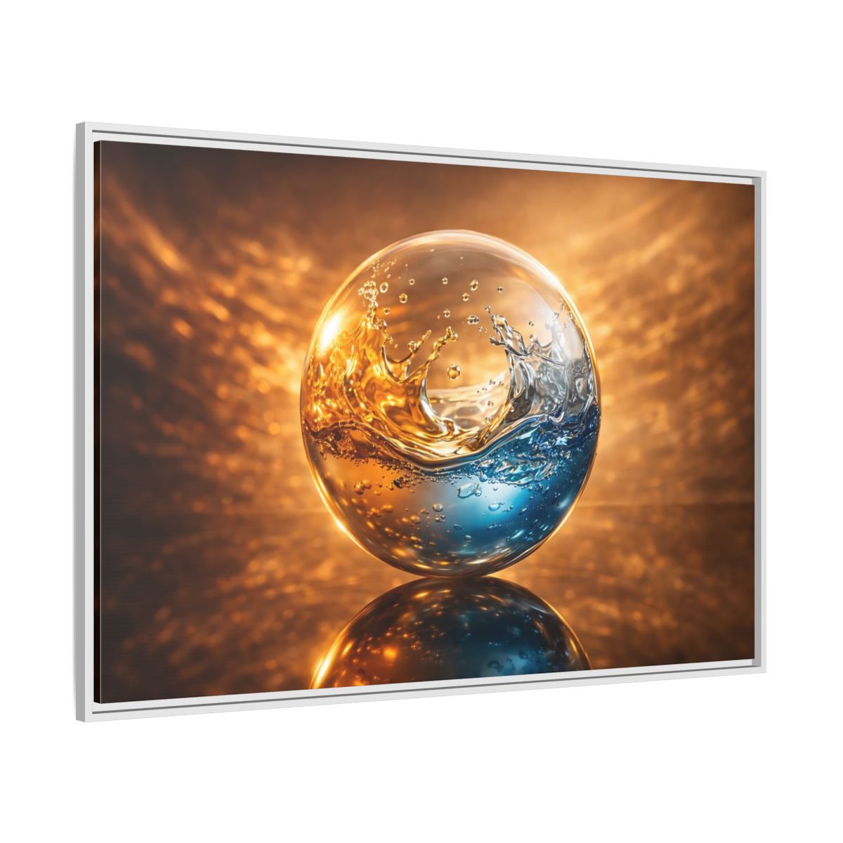 Side Mockup 7. Abstract Liquid Sphere Blue And Gold Water shown as stretched canvas wall art