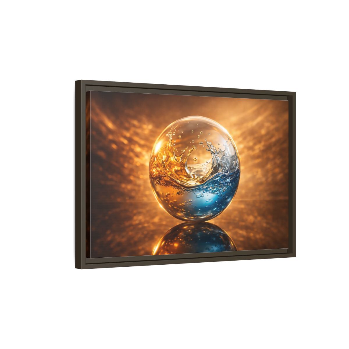 Side Mockup 2. Abstract Liquid Sphere Blue And Gold Water shown as stretched canvas wall art