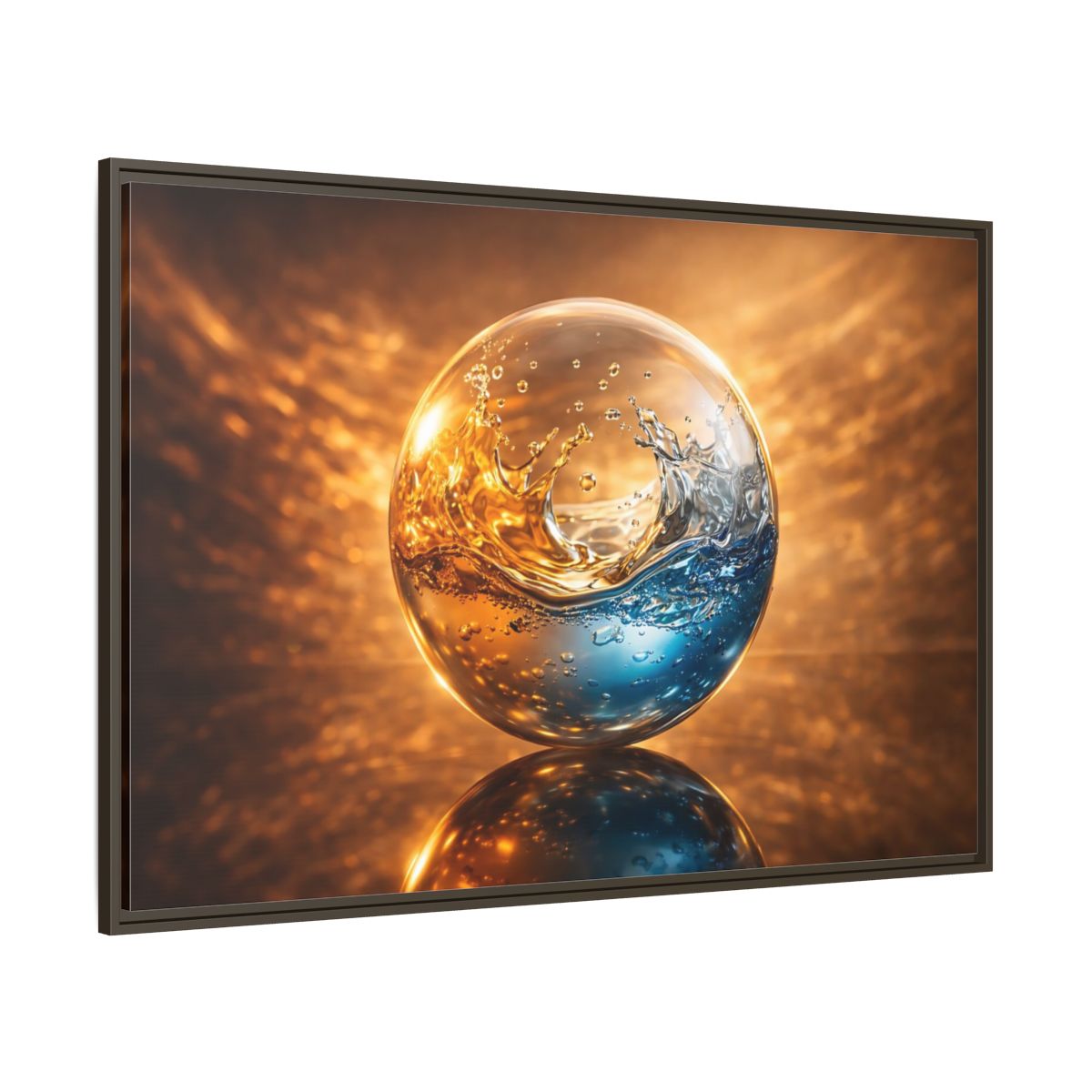 Side Mockup 8. Abstract Liquid Sphere Blue And Gold Water shown as stretched canvas wall art