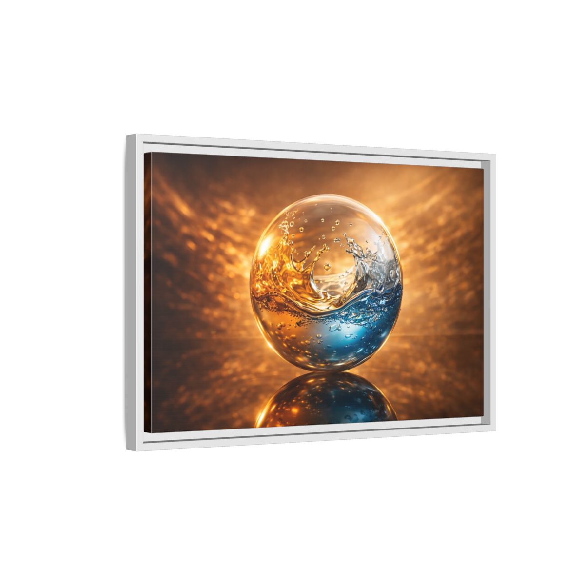 Side Mockup 1. Abstract Liquid Sphere Blue And Gold Water shown as stretched canvas wall art