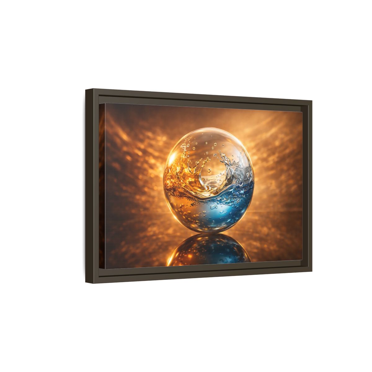 Side Mockup 5. Abstract Liquid Sphere Blue And Gold Water shown as stretched canvas wall art