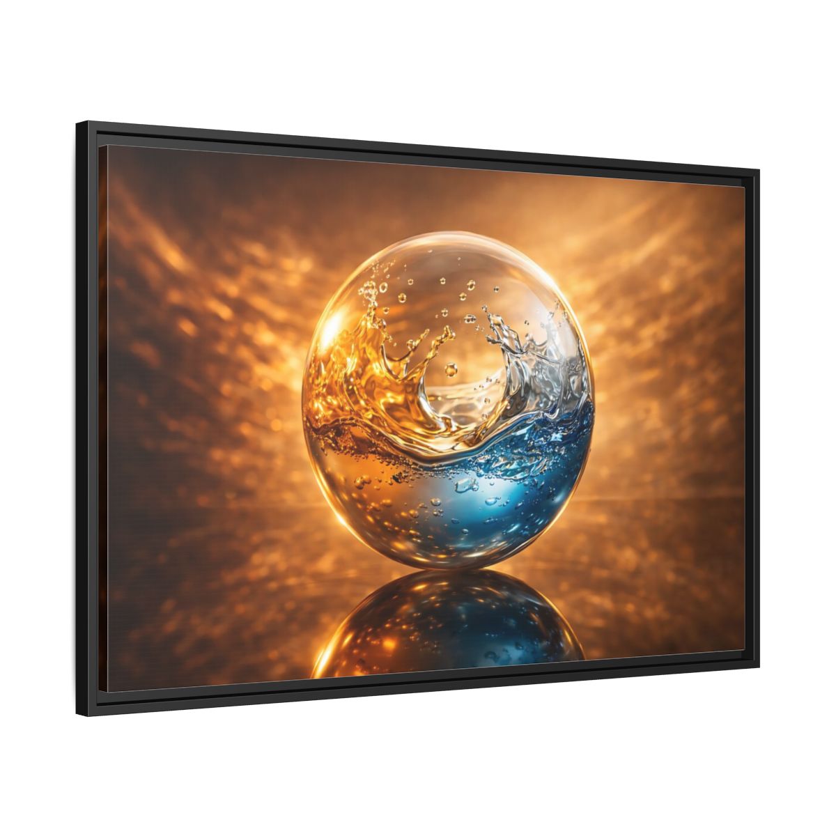 Side Mockup 13. Abstract Liquid Sphere Blue And Gold Water shown as stretched canvas wall art