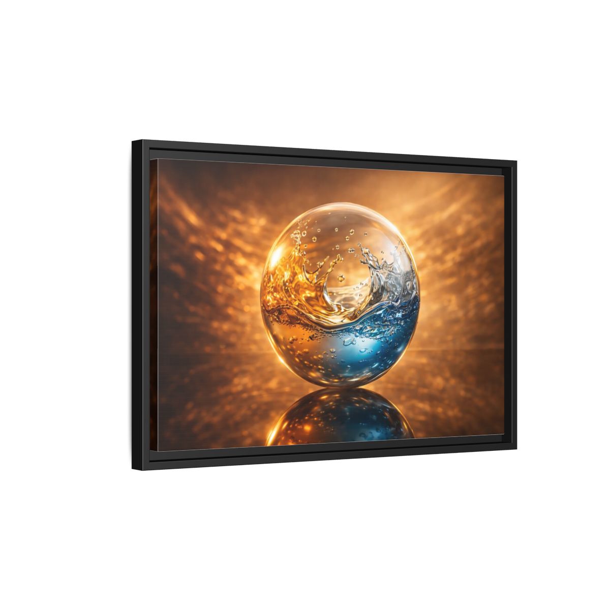 Side Mockup 3. Abstract Liquid Sphere Blue And Gold Water shown as stretched canvas wall art