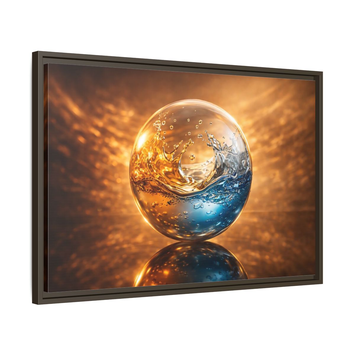 Side Mockup 11. Abstract Liquid Sphere Blue And Gold Water shown as stretched canvas wall art
