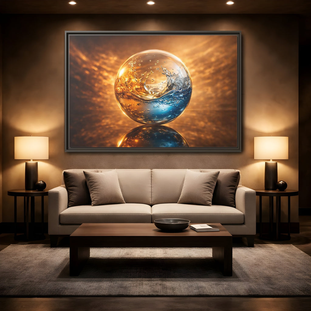 Mockup 2. Abstract Liquid Sphere Blue And Gold Water shown as stretched canvas wall art