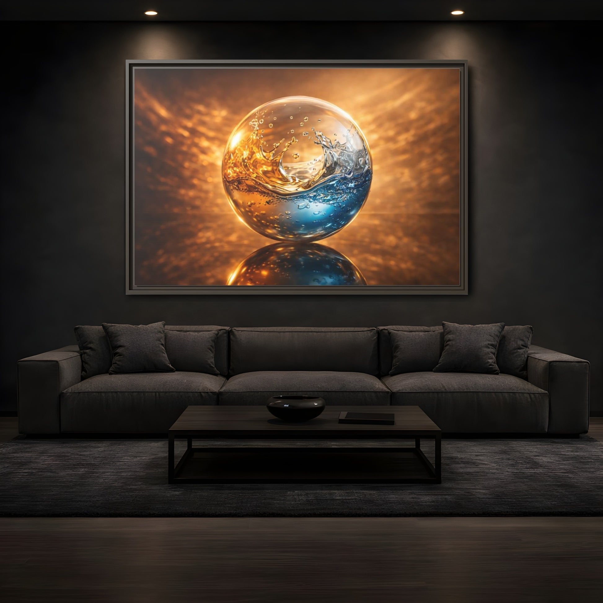 Mockup 3. Abstract Liquid Sphere Blue And Gold Water shown as stretched canvas wall art