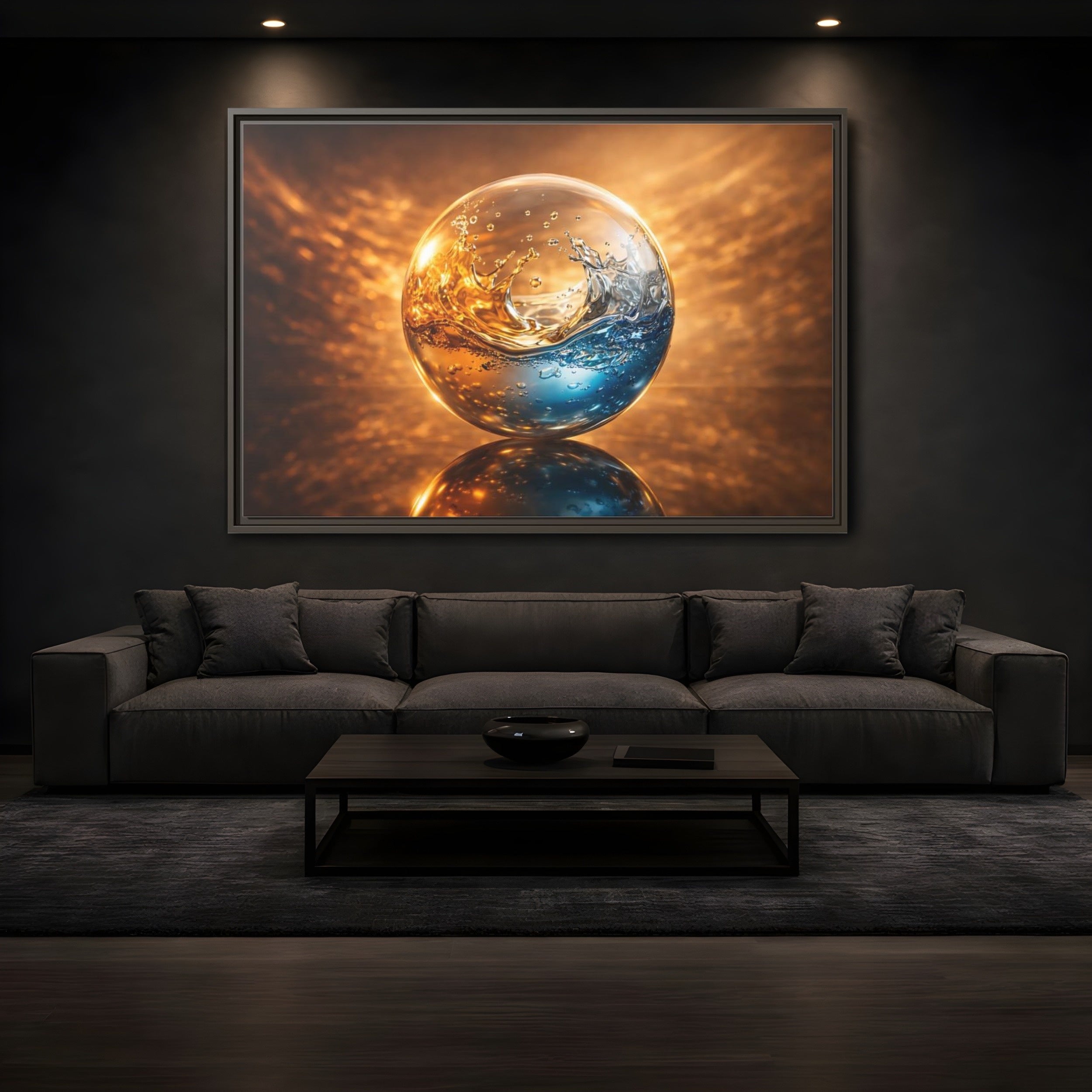 Mockup 3. Abstract Liquid Sphere Blue And Gold Water shown as stretched canvas wall art