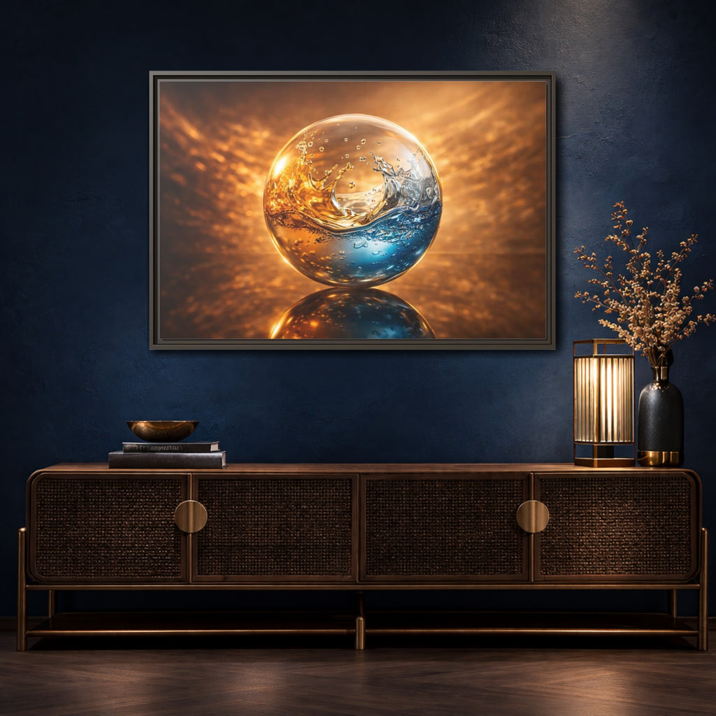 Mockup 4. Abstract Liquid Sphere Blue And Gold Water shown as stretched canvas wall art