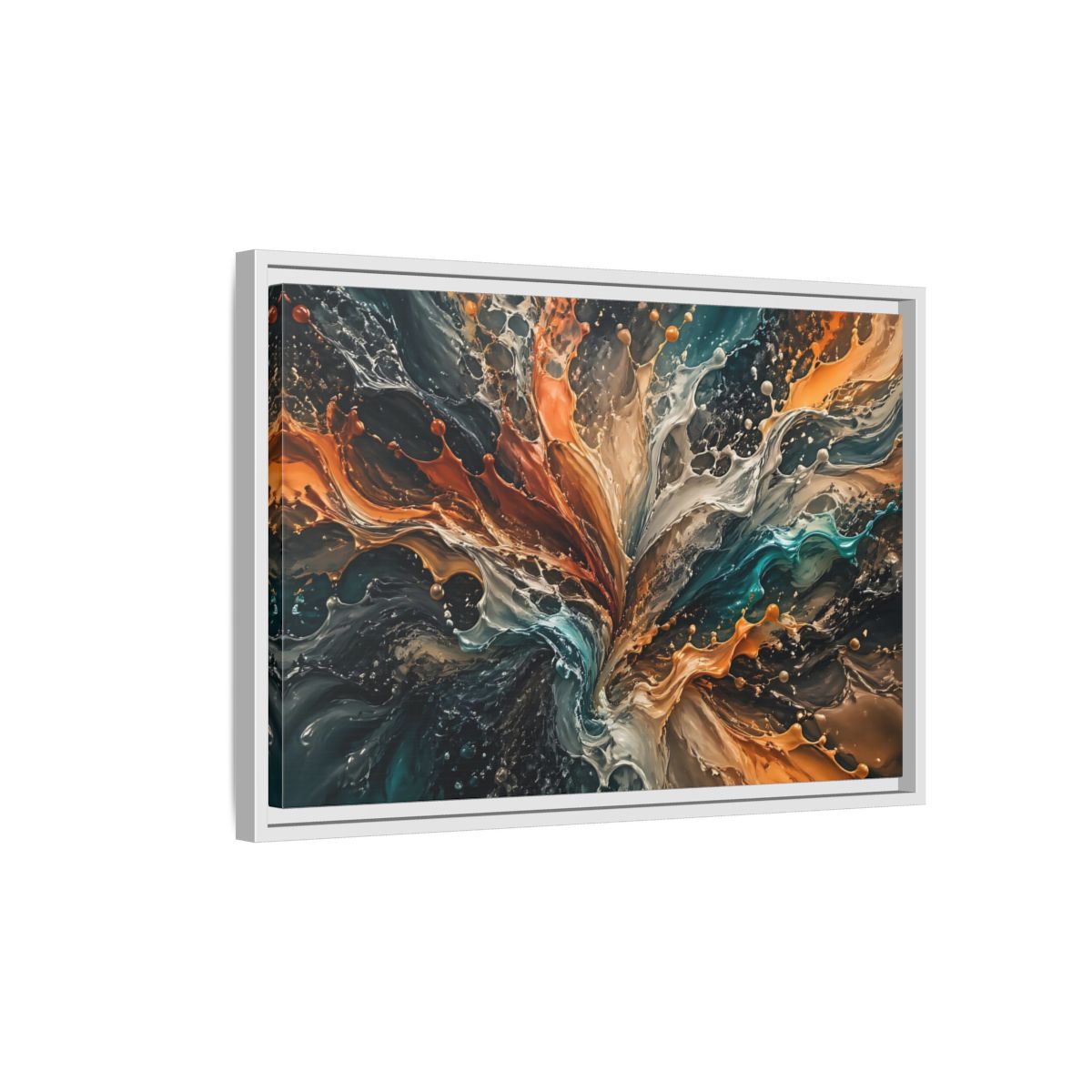 Side Mockup 1. Abstract Liquid Splash Colorful Liquid Art shown as stretched canvas wall art