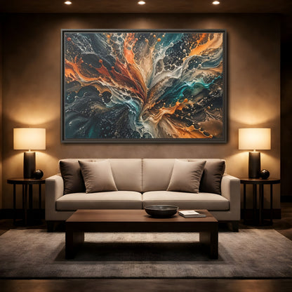 Mockup 2. Abstract Liquid Splash Colorful Liquid Art shown as stretched canvas wall art