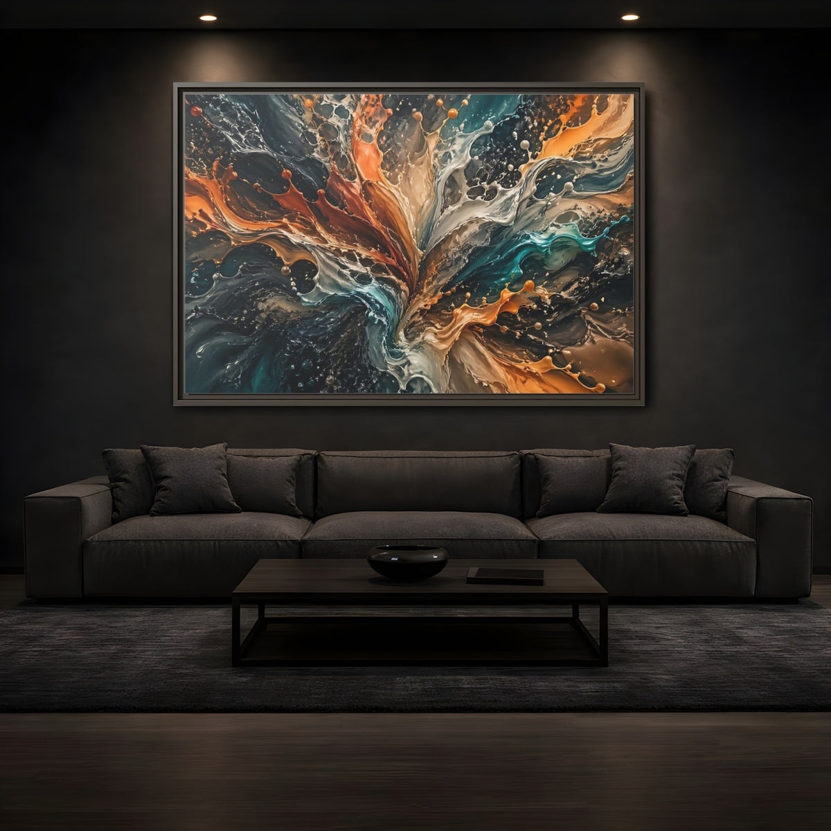 Mockup 3. Abstract Liquid Splash Colorful Liquid Art shown as stretched canvas wall art