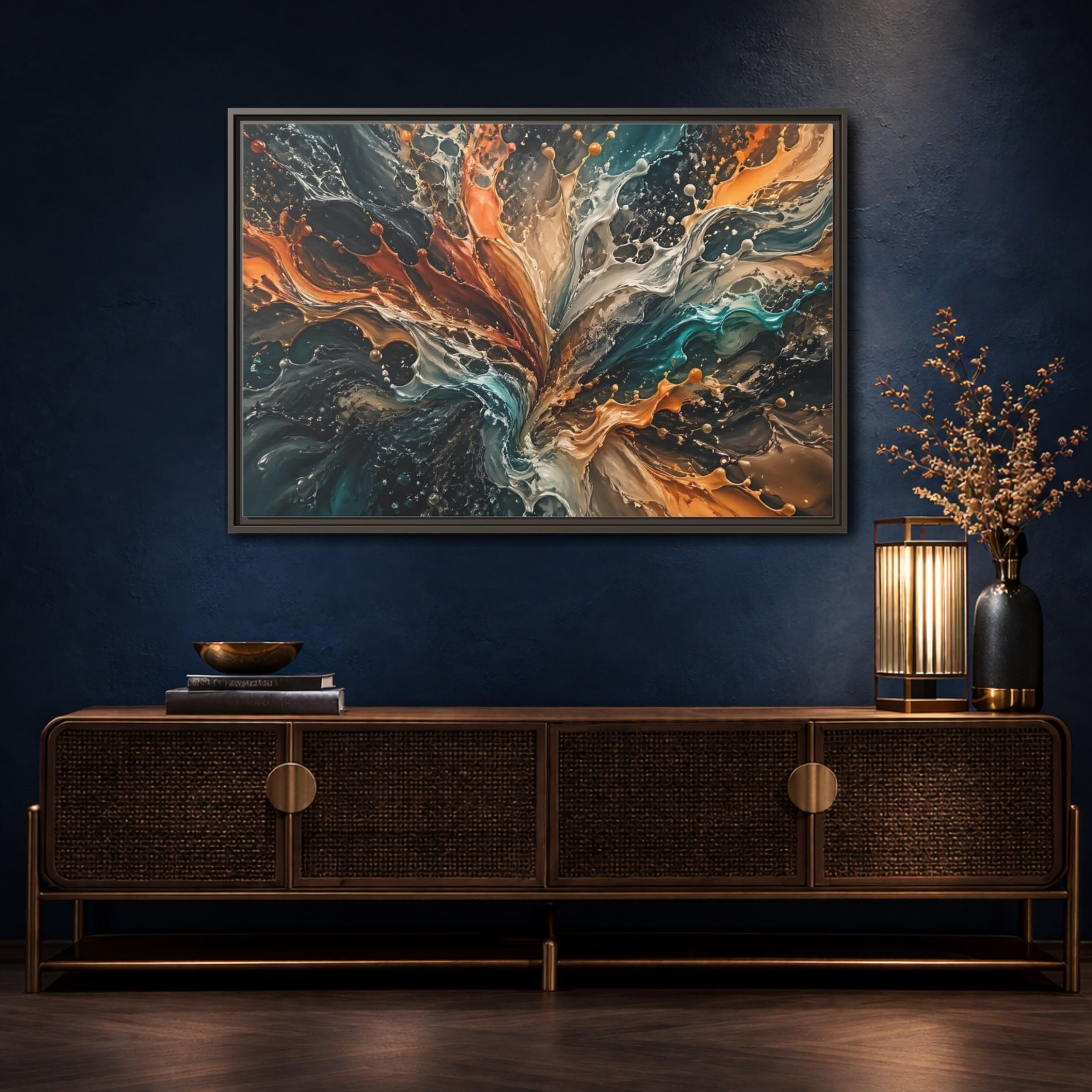 Mockup 4. Abstract Liquid Splash Colorful Liquid Art shown as stretched canvas wall art