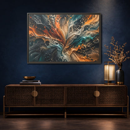 Mockup 4. Abstract Liquid Splash Colorful Liquid Art shown as stretched canvas wall art