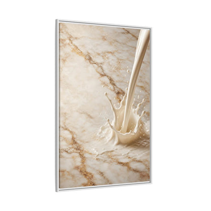 Abstract Liquid Splash Cream Gold Framed Canvas Wall Art - Living Room Above Console Table and shown as canvas wall art