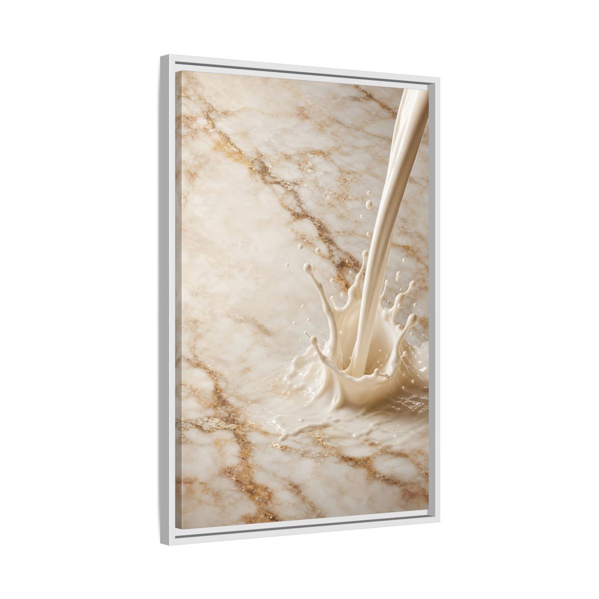 Abstract Liquid Splash Cream Gold Framed Canvas Wall Art - Living Room Above Console Table and shown as canvas wall art