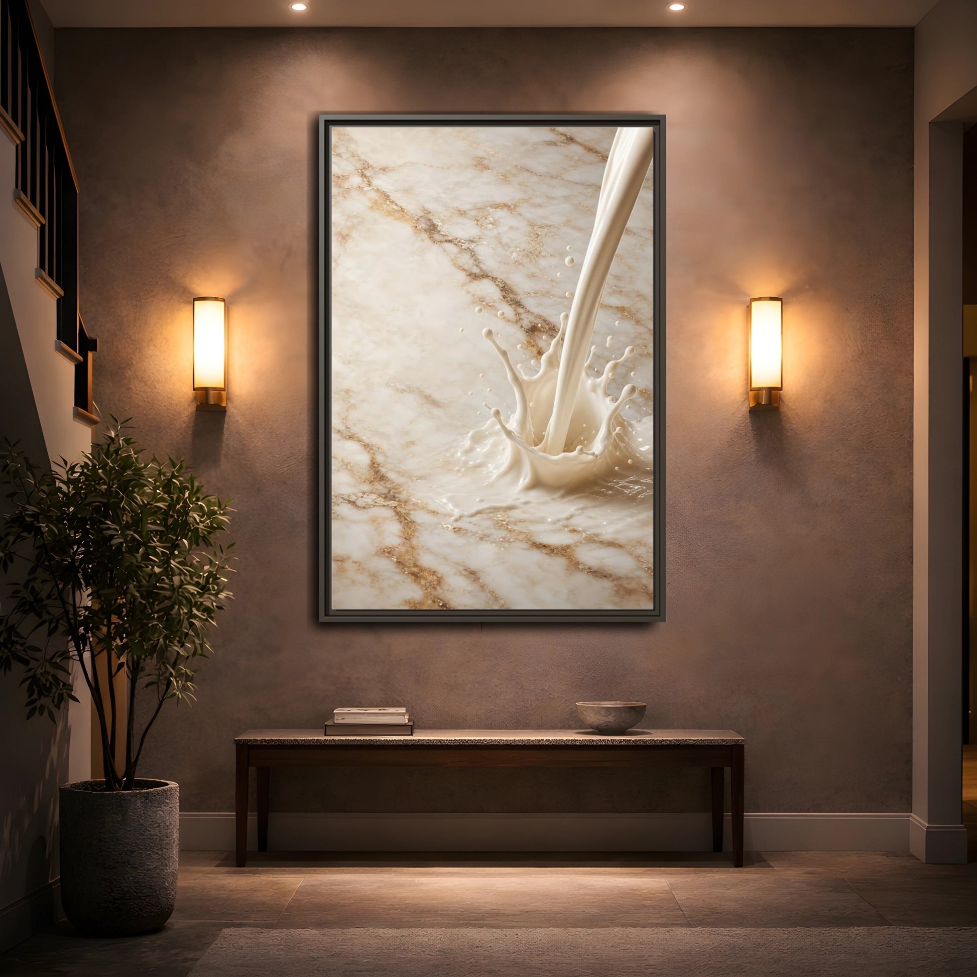 Abstract Liquid Splash Cream Gold Framed Canvas Wall Art - Living Room Above Console Table and shown as canvas wall art