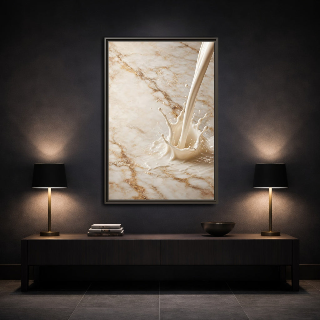 Mockup 3. Abstract Liquid Splash Cream Gold Splash shown as stretched canvas wall art
