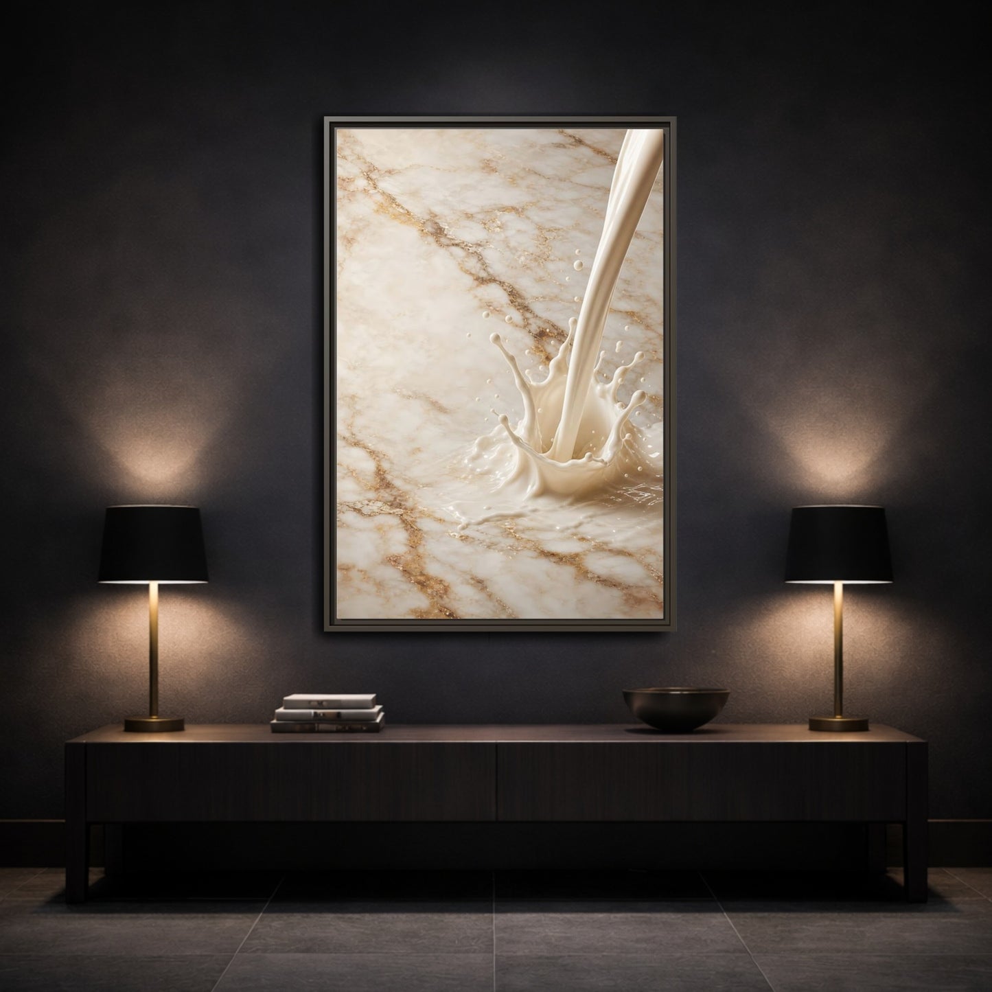 Abstract Liquid Splash Cream Gold Framed Canvas Wall Art - Living Room Above Console Table and shown as canvas wall art