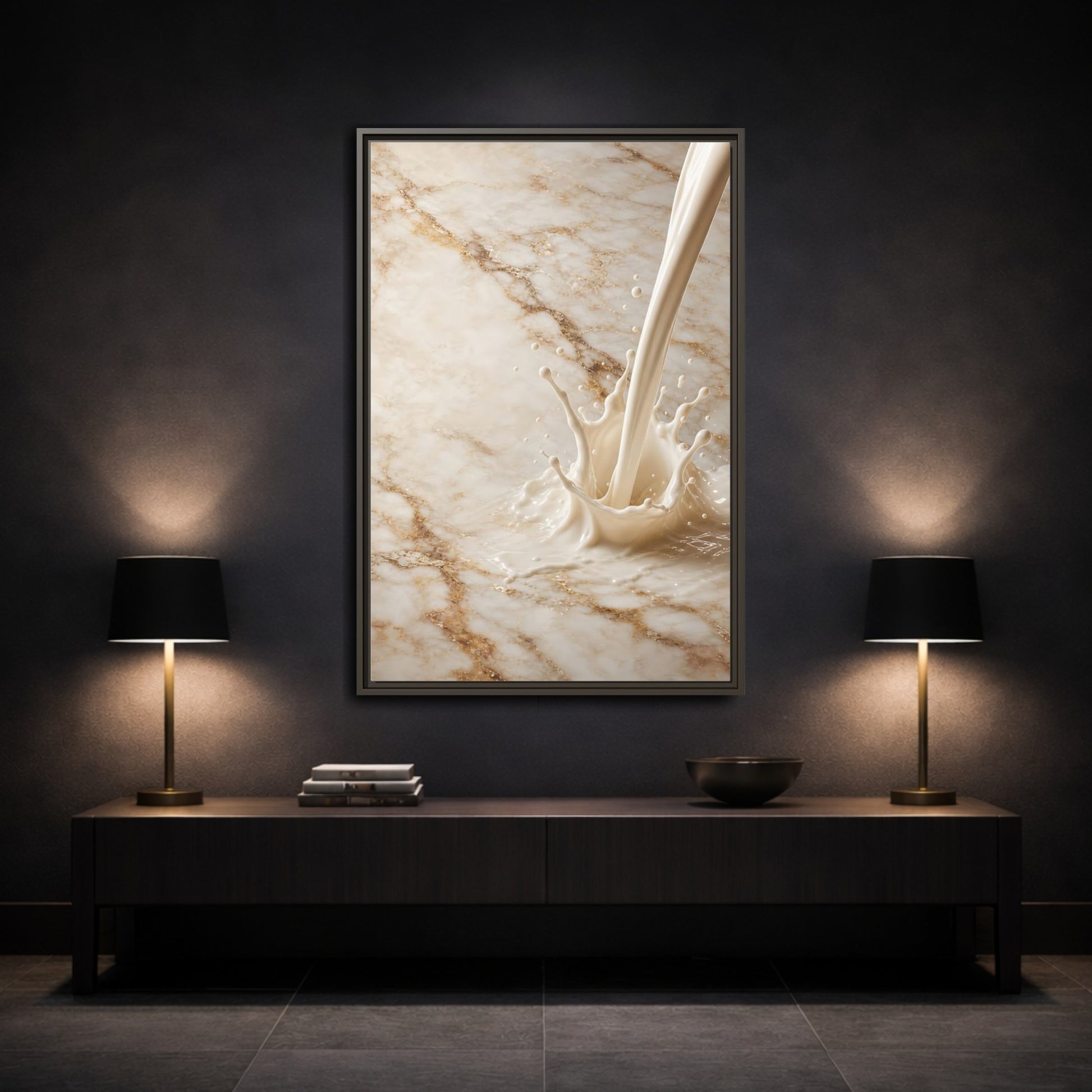 Abstract Liquid Splash Cream Gold Framed Canvas Wall Art - Living Room Above Console Table and shown as canvas wall art